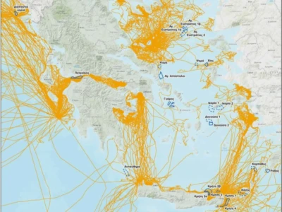 Ο χάρτης δείχνει τις κινήσεις των αρτέμηδων που εξοπλίστηκαν με τηλεμετρικούς πομπούς από διάφορες αποικίες της Ελλάδας.